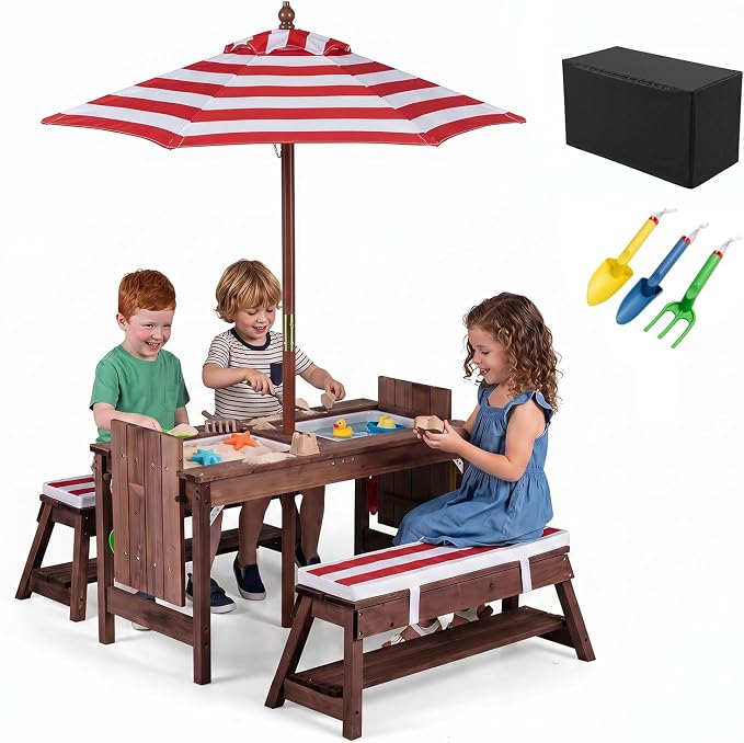 Costzon 4-in-1 Kids Picnic Table with Umbrella, Sand & Water Sensory Bins | Wooden Toddler Outdoor Table with Benches, Cushions, Cover, Gardening Tools, Kids Outdoor Furniture for Patio Backyard