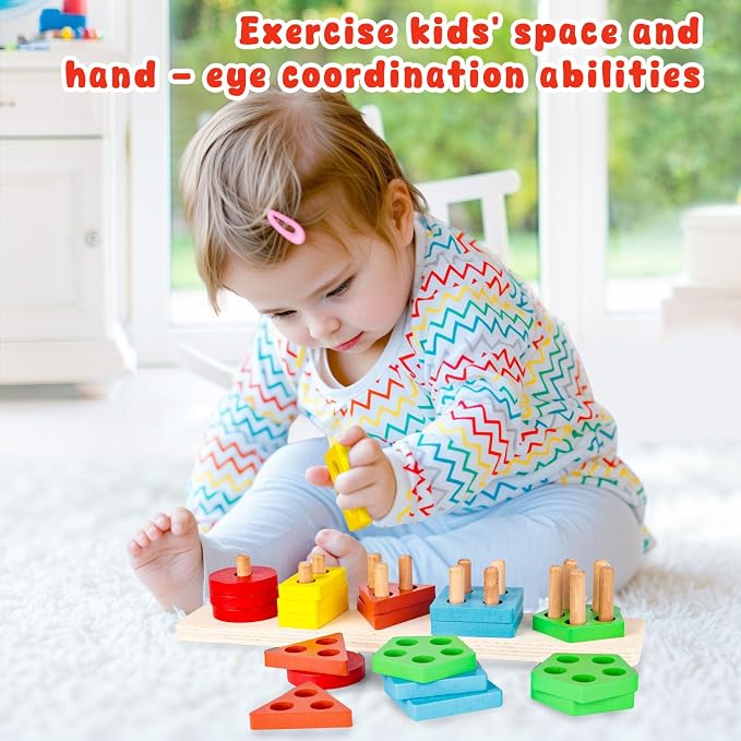 LovesTown Stacking and Sorting Learning Puzzles, Montessori Wooden Sensory Toys for Toddlers, 20 PCS (Pack of 2)