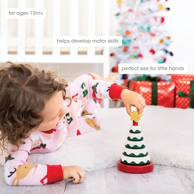 Pearhead Wooden Christmas Tree Stacking Toy Set, Holiday Toys for Toddlers