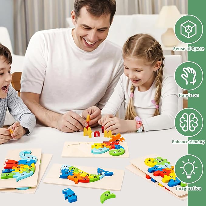 6 Pack Wooden Puzzles for Kids Ages 3-5, Animal Jigsaw Puzzles | 60 Pieces, CPC certified, with Numbers 1-10, Montessori Learning Toys, Educational Number Puzzle Gift Set, in Gift Box