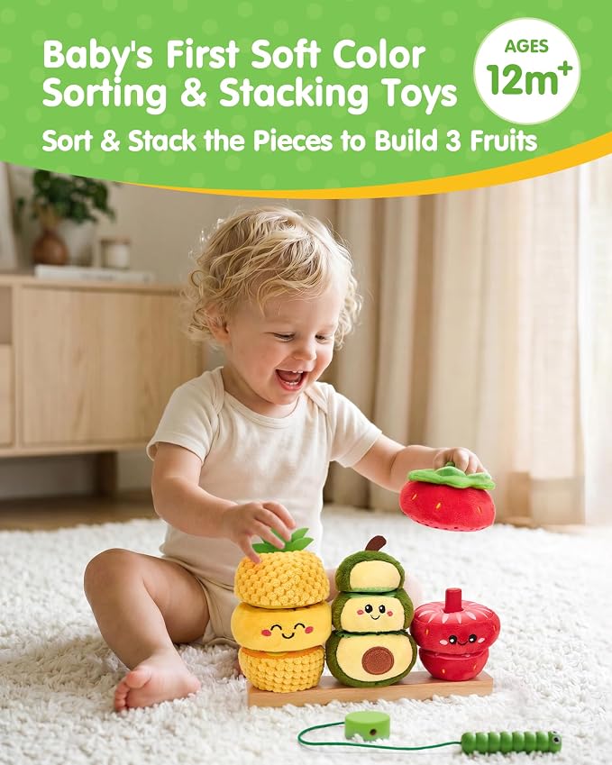 hahaland Montessori Toys for 1 Year Old Girl Boy, Stacking Rings Baby Toy | Soft Sorting & Stacking Toy Fruits with Wooden Stacker, Threading Set for Toddlers 1-3 Developmental 1st Birthday Girl Gifts