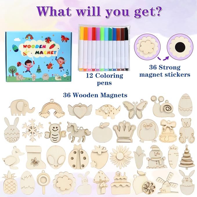 DIY Wooden Magnet 36 Art Craft Supplies Painting Kit for Kids Ages 4-8 8-12 | Party Favors for Boys Girls Birthday Easter Crafts Gifts Toys Basket Goodie Bag Stuffers