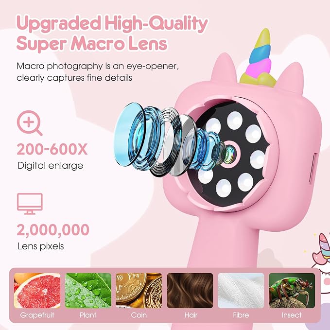 Magnifying, 2.4" Microscope for Kids, 600X-4800X Handheld Digital Miniscope, Portable Pocket Magnification Microscope Photo & Video | Education Toys for Age 3 4 5 6 7 8 9 10 Girls Boys