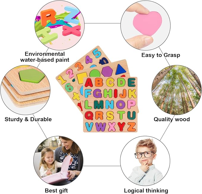 Attmu Alphabet Wooden Puzzles for Toddlers 3 Pcs ABC Shape Number Puzzle | Learning Toys for Kids, Preschool Educational Activities Toddler Gift Toys for Girls Boys Christmas Valentines Easter