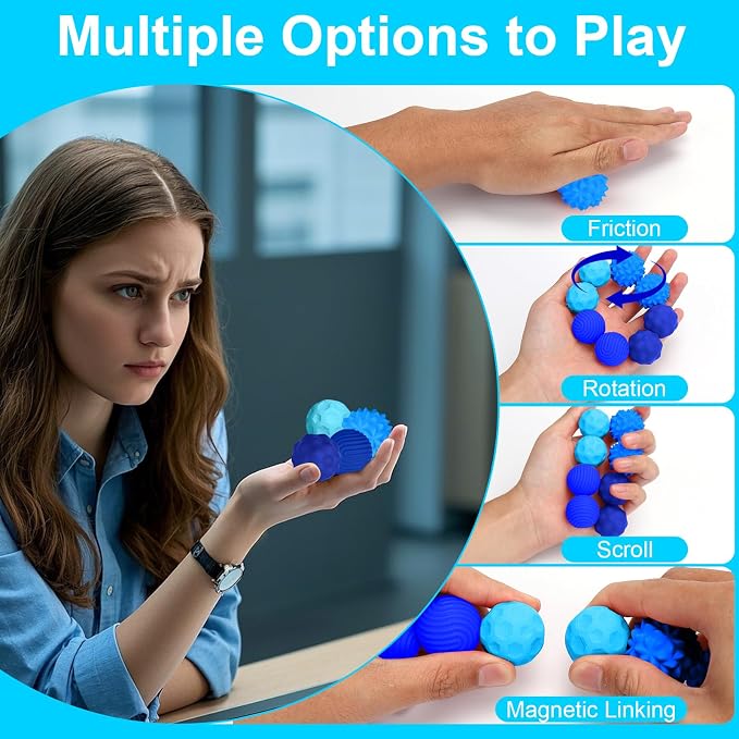BUSOHA Silicone Magnetic Fidget Balls - 8 Pack Fidget Toys for Adult | Four Unique Textures Sensory Support,Quiet and Silent Stress Relief,Lightweight,Office,Travel,Anxiety,ADHD,Blue