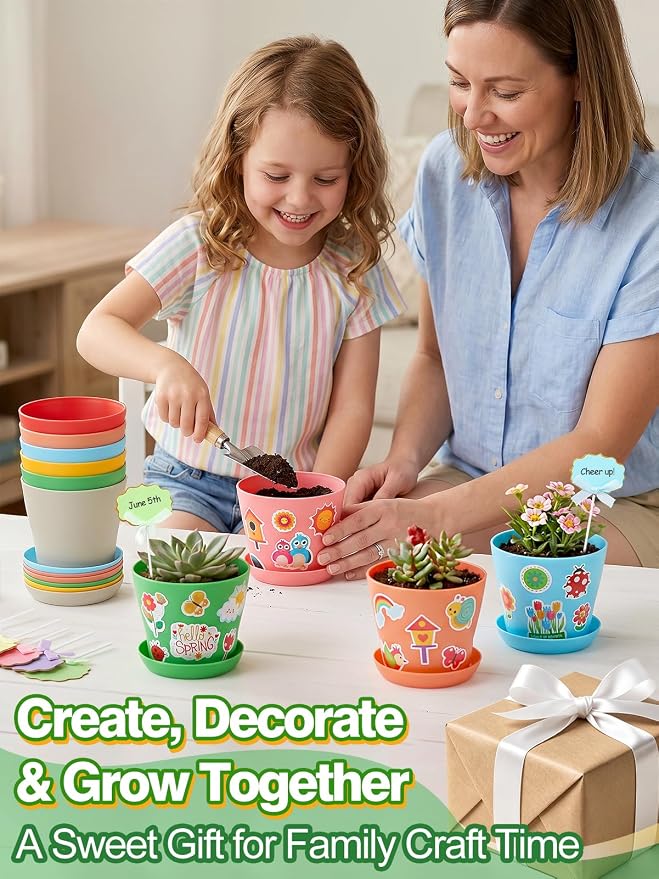 Cosweet 24Pack Durable Resin Garden Plant Pots Kit for Kids Crafts 4+ Years | School Activities Growing Kit, with Stickers & Blank Labels, Colorful Flower Pots, Spring Crafts, for Classroom Home DIY Gift