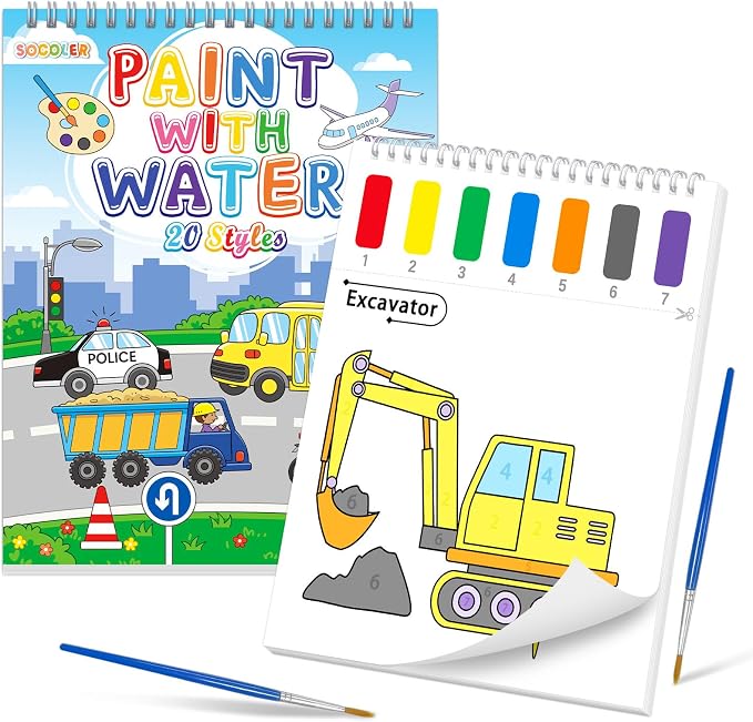 SOCOLER Paint with Water Coloring Books for Toddlers, Traffic Theme Mess Free Watercolor Painting Papers for Kids Water Color Paint Kit Art Craft Birthday Gift for Ages 1-3, 4-8