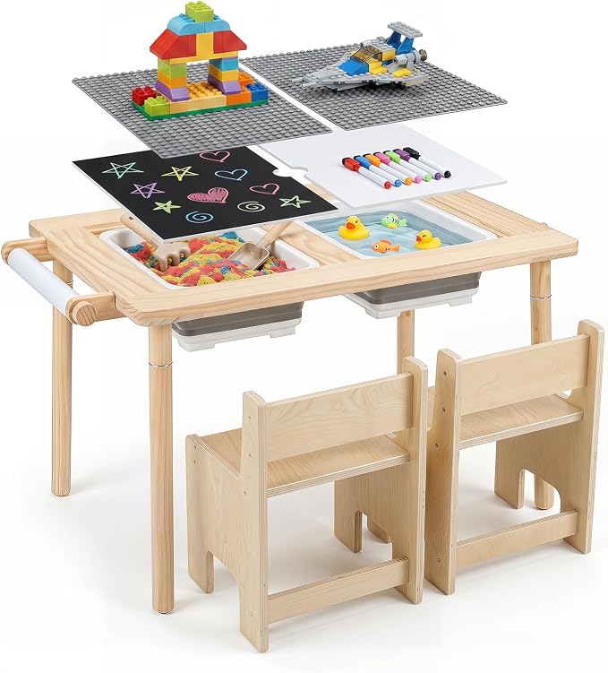 HONEY JOY Sensory Table and Chair Set, Wooden Sand & Water Activity Set w/Adjustable Height, Dual Sided Top, 2 Bins, Paper Roll & 2 Hooks for Art, Study, Craft, Gift for Boys Girls 3+