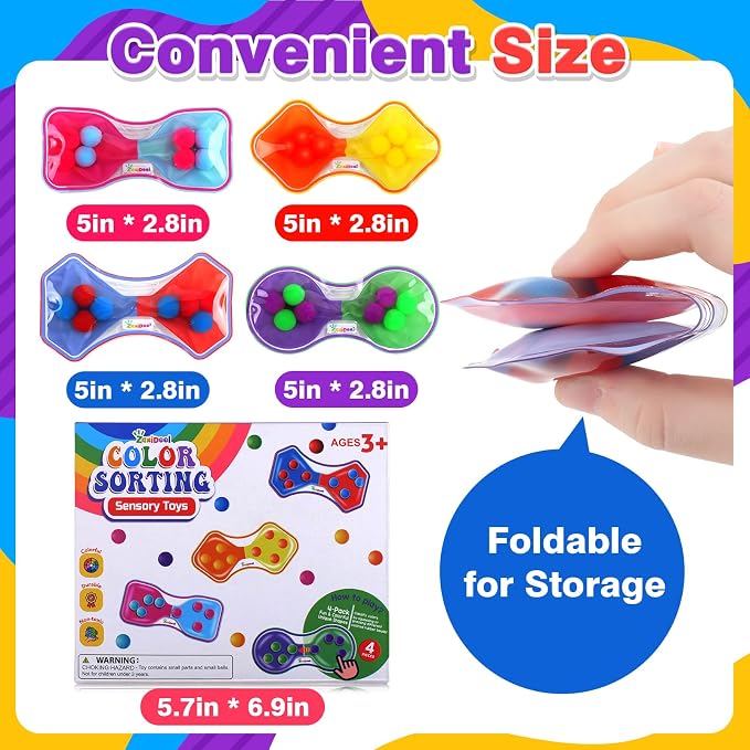 Sensory Fidget Toys for Kids Toddler: 4 Pack Color Sorting Squeeze Toys | Quiet Fidget Toys for Student Classroom - Sensory Calming Toys for ADHD Autism - Goodie Bags Stuffers