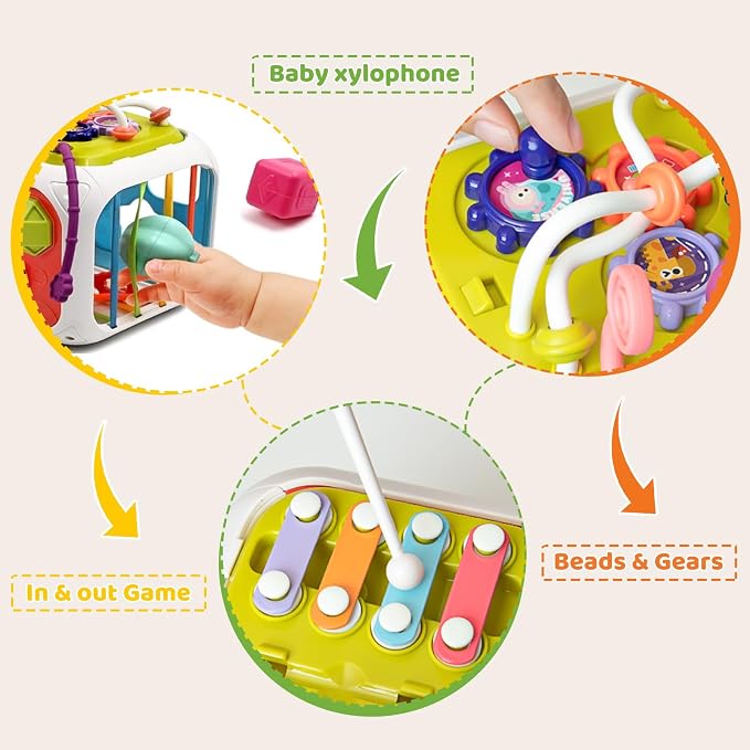 MINGKIDS 7 in1 Baby Sensory Montessori Activity Cube Toys, Shape Sorter Early Learning Toys,Developmental Infant Birthday Gifts for Toddler Age 1 2 3