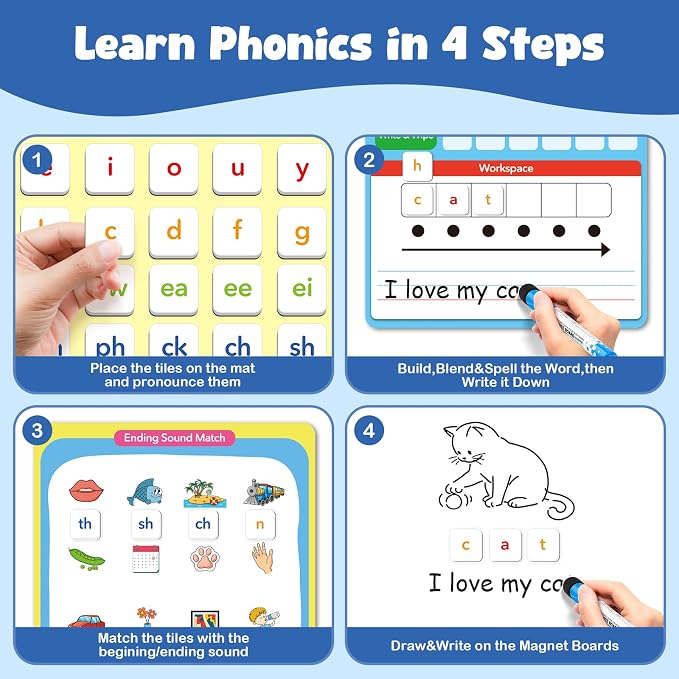 Aizweb Phonics Magnetic Letter Tiles,All-in-one Magnetic Phonics Kit,Reading Spelling & Word Building Games with Dry-Erase Boards,Phonics Games for Preschool & Kindergarten Classroom Learning