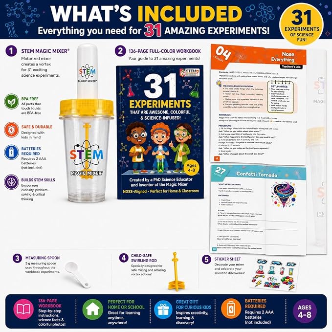 STEM Magic Mixer® Science Kit for Kids Ages 4–7 – 31 Hands-On STEM Experiments | Slime, Oobleck & Color-Changing Reactions | 136-Page PhD-Designed Program | STEM.org Certified