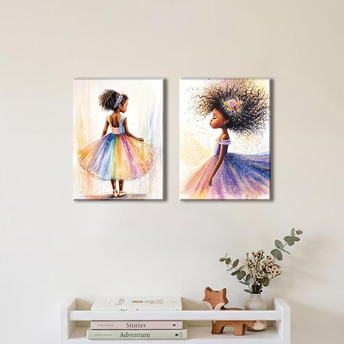 Black Girl Princess Wall Art,Cute Girl Rainbow Ballet Art Decor 16X12In | Afro Girls Art,Inspirational Black Girl Artwork for Girls Bedroom Nursery Playroom Home Wall Decor