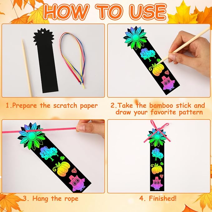 JUNEBRUSHS 30Pcs Fall Scratch Bookmarks, Rainbow Scratch Paper Art | Hello Fall Autumn Leaves, Pumpkin Turkey DIY Crafts Kit, for School Classroom Activity, Thanksgiving Party Favor