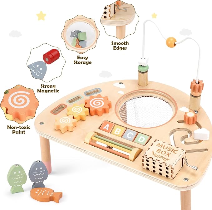 Vanplay 8 in 1 Wooden Activity Table, Montessori Toys for 2 Year Old Gift | Learning Activities with Bead Maze/Music Box/ Fishing Game, Fine Motor Skills, Christmas Birthday Gifts for Girl Boy