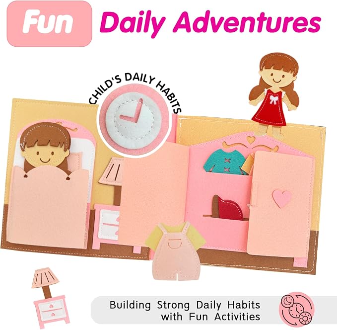 Daily Life of Girls Busy Book for Toddlers,Montessori Busy Books,Preschool Felt Busy Quiet Book Learning Life Skills,House Pretend Play Dress UP Game,Montessori Toys for 3 4 5 Years Autism Sensory