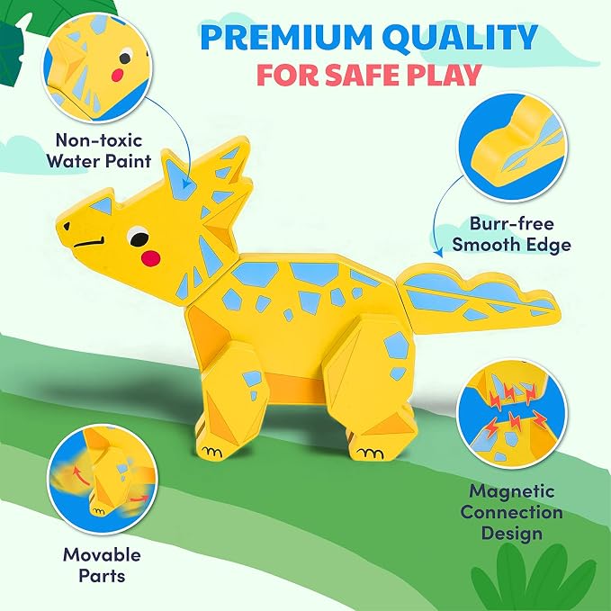 JoyCat Magnetic Wooden Dinosaur Building Toys for Toddlers 1-3 | Set of 4 Build and Take Apart Dinosaurs, Montessori STEM Fine Motor Toy, Gifts for Boys and Girls