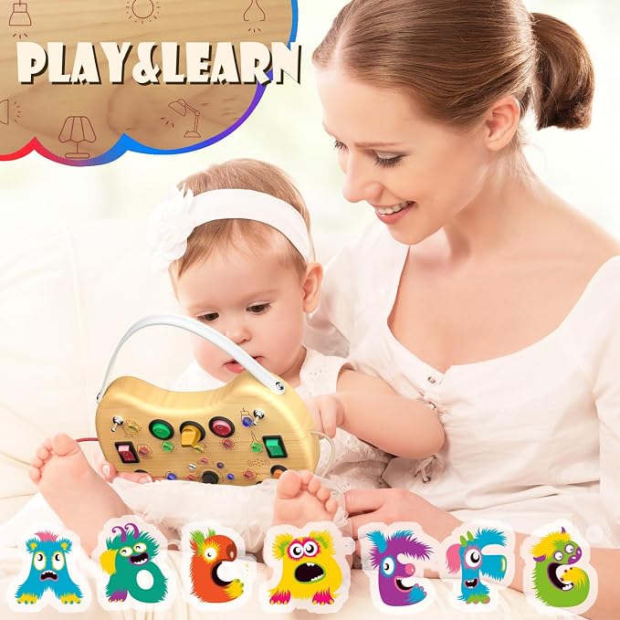UdoUto Montessori Wooden Busy Board for Toddlers with LED Lights & Switches | Portable Activity Board, Car & Airplane Travel Toys Christmas & Birthday Gift for 1-3 Year Old Boys & Girls