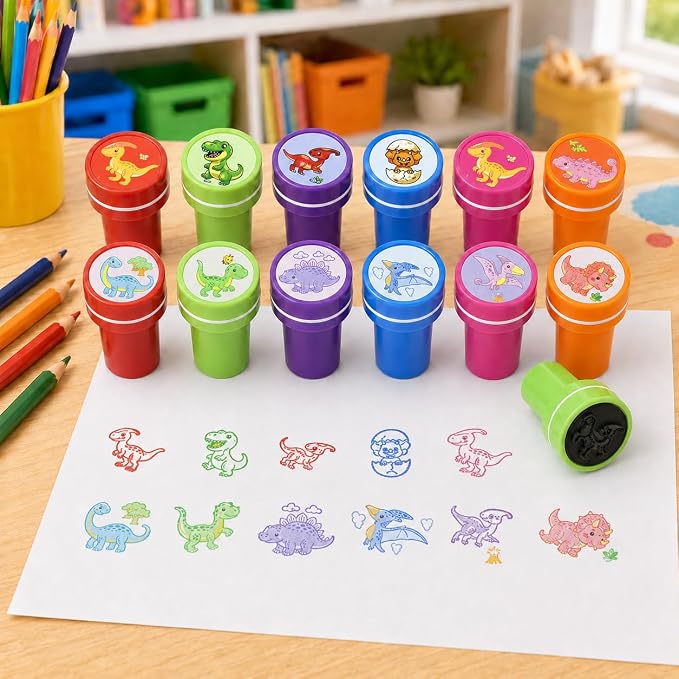 Cinrobiye 24 Pcs Dinosaur Stampers Party Favor Set, Cute Dino Stamps for Kids Birthday Party, Classroom Rewards, Carnival Prizes, Goody Bag Fillers, Dinosaur Themed Party Supplies