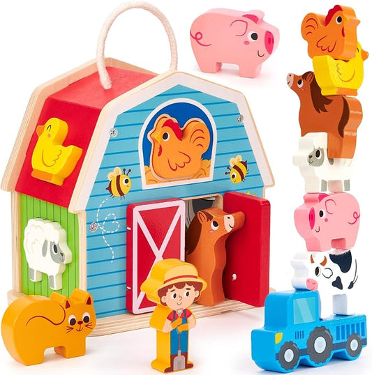 hahaland Wooden Montessori Toys Farm Animals Barn for Toddlers 1-3 | Shape Sorter Sorting & Stacking Learning Toy for 1 2 3 Year Old Boys Girls, Educational Toy Christmas Birthday Gift