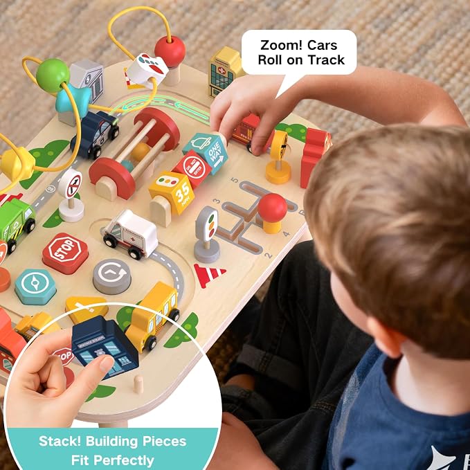 Weilim Montessori Wooden Activity Table for Toddler 1-3, Learning Toys | 9-in-1 Baby Activity Center: Bead Maze, Shape Sorter, Cars, Gears & Traffic Signs. Sensory Birthday Gift for Boys & Girls