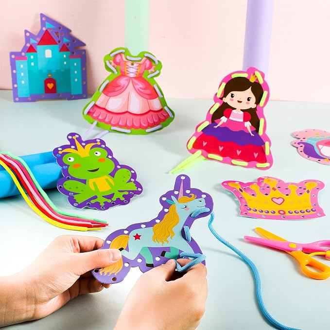 Zonon 8 Pcs Kids Lacing Cards Sewing Cards in 8 Patterns Princess Castle Sewing Kit Lacing Toy Game Favors for Preschool Developing Imagination Education Supplies Kids Children Toddler Ages