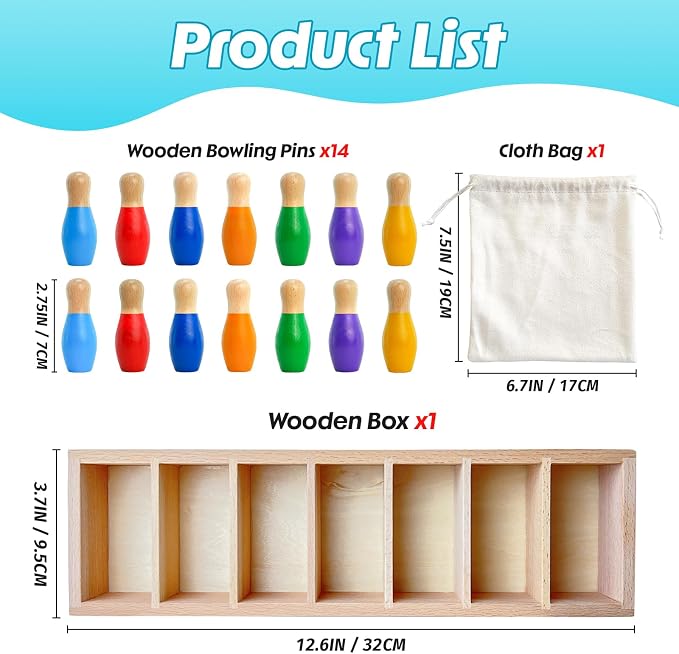 pamexin Family Games for Kids, Wooden Bowling Color Matching Game with 7 Bright Pins and Storage Bag, Family Board Games Party Birthday Gift, Fun Party Game for Boys Girls