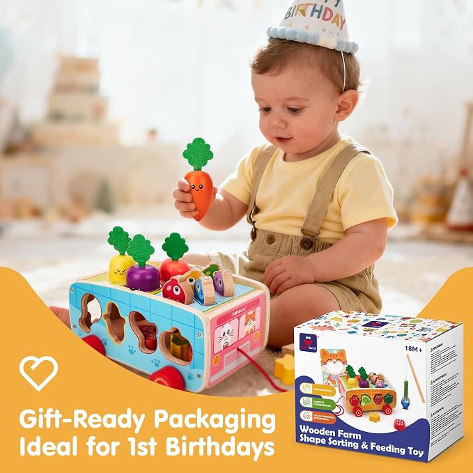 hahaland Montessori Toys 18 Month Old Girl Gifts, Wooden Toddler Toys 2-3 | Feeding Toy, Shape Sorter, Color Sorting, Magnetic Fishing, Pull Along, Fine Motor Skills Birthday Gifts