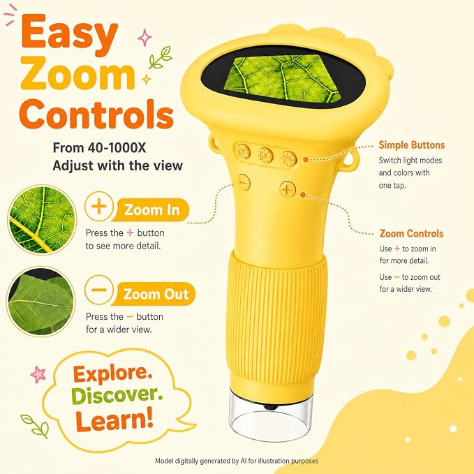 1000X Kids Microscope Handheld Camera, 2'' Screen Wonder Quest Microscope Camera for Kids, Educational Magnifying Glass Toy, Christmas Birthday Gifts for Age 3 4 5 6 7 8 9 10 11 12 Girls Boys - Yellow