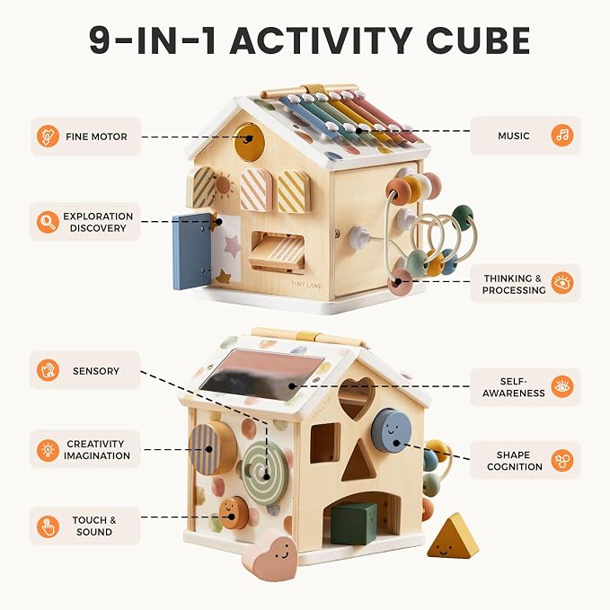 Tiny Land 9-in-1 Wooden Activity Cube, Educational Toy for Toddlers | Montessori Baby Activity Center for 1+ Year Old, Ideal Gift for Boys and Girls (Morandi)