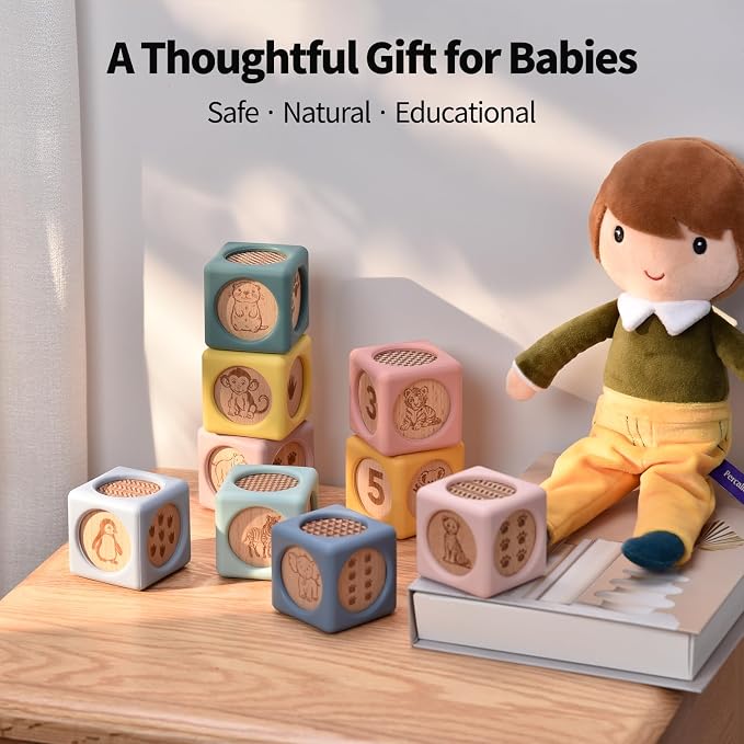 Little Rawr 9 Pcs Baby Silicone & Wooden Stacking Blocks, Food-Grade Silicone Baby Toy with Natural Wood Inserts, Soft Chewable Montessori Blocks for Toddlers, Animal Learning Toy
