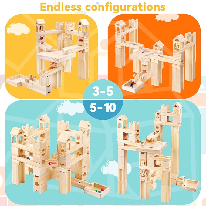 Wooden Marble Run for Kids, 80 Pieces Maze Construction Building Play Set | Wood Building Blocks Toy, Marble Track Maze Game, STEM Educational Learning Toys for Kids
