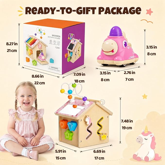 Wooden Activity Cube for Toddlers 1-3 with Press to Go Car Toy, Montessori Baby Educational Learning Toys for Kids, Multipurpose Infant Activity Center, for Girls Boys 1+ Year Old