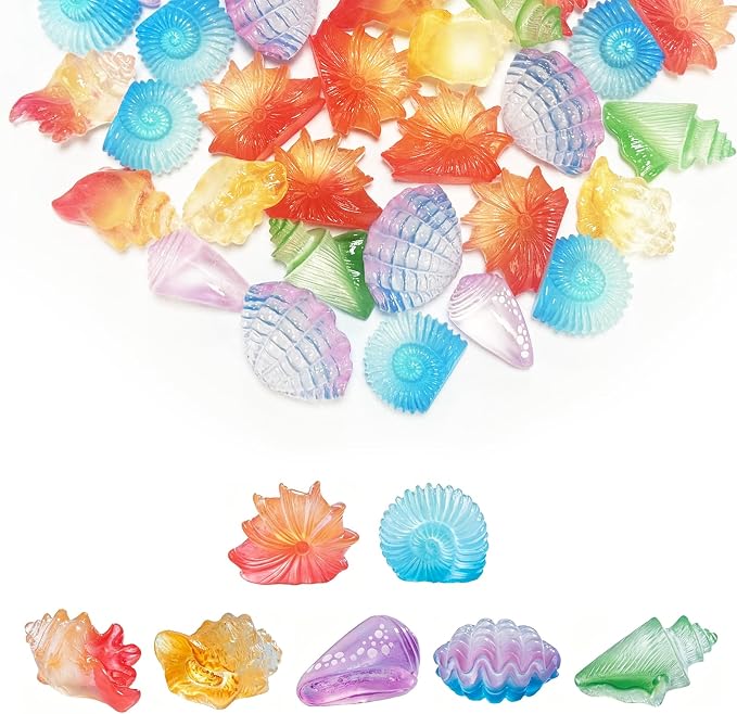 42Pcs Mini Resin Seashell Conch Figurines Small Sea Shell Figures for Craft | Tiny Bulk Plastic Shells Ocean Animals Aquarium Decorations DIY, Glow in the Dark, 7 Styles 6 Each, Mermaid Party Favors