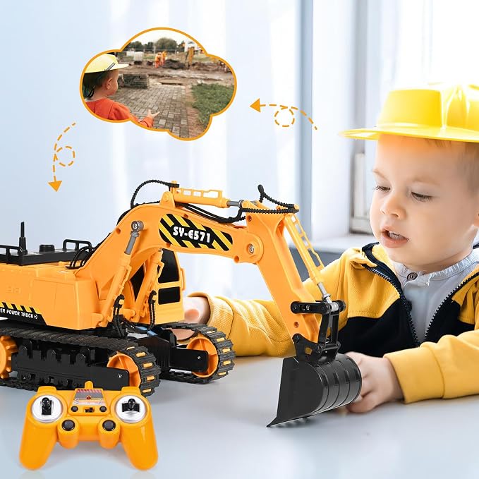 DOUBLE E Remote Control Excavator Toy, 2*Batteries 2.4GHz RC Excavator, 6-in-1 Digging/360° Rotation, 20M Range Sandbox Construction Toys Birthday Gift for Boys/Kids 6+ Years