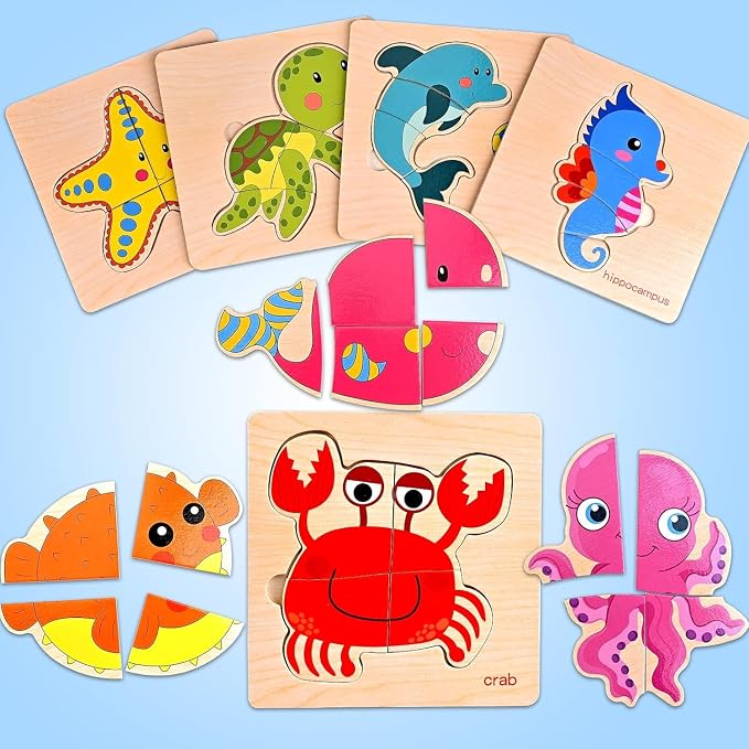 8pcs Wooden Puzzles for Toddlers 1-3, Toddler Puzzles Ages 2-4 | Montessori Toys for 1-3+ Years Girl Boy, Sea Animal Puzzle for Kids, Jigsaw Puzzle Educational Preschool for 1-4