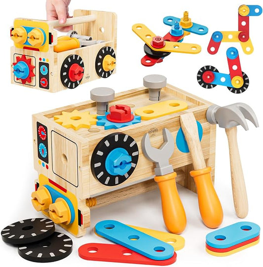 Lehoo Castle Montessori Kids Tool Set, Wooden Toddler Tool Set for Ages 2-4 | STEM Pretend Play Tool Box, Construction Toddler Tool Bench, Educational Learning Toys for 2 3 4 Year Old Boys Birthday Girls