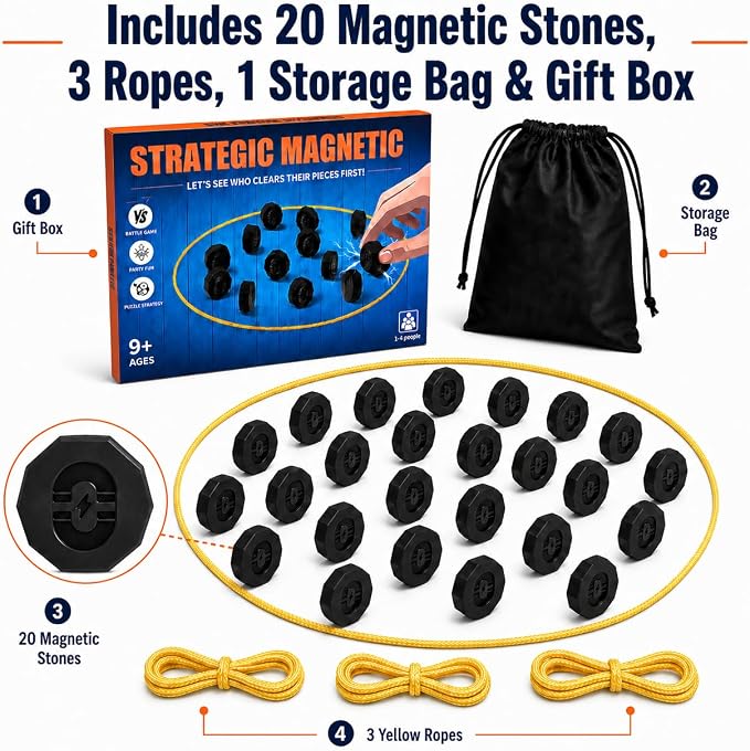 Magnetic Chess Game with 20 Full-Size Stones, Magnet Game with 3 String | Portable family game for kids, teens and adults, perfect for game nights, parties, travel, camping and indoor or outdoor play