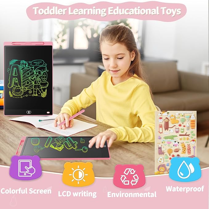 Genialba LCD Writing Board 16 Inches, Colourful Electronic Tablet, Portable Erasable Drawing Board, Graphic Tablet for Children's Games 3 4 5 6 7 Year Old Kid Boys Girls (Pink)