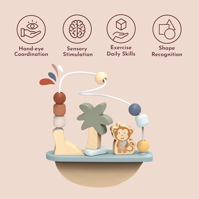 Rocking Beads Maze – Soft Colored Wooden Monkey Bead Maze, Gently Rocks and Twists, 7 Beads for Dexterity and Coordination, Non-Toxic Paint, Ideal for Kids 1-3 Years, Educational Toy | 7 beads, monkey rocker frame, baby bead maze, dexterity sensory pla...