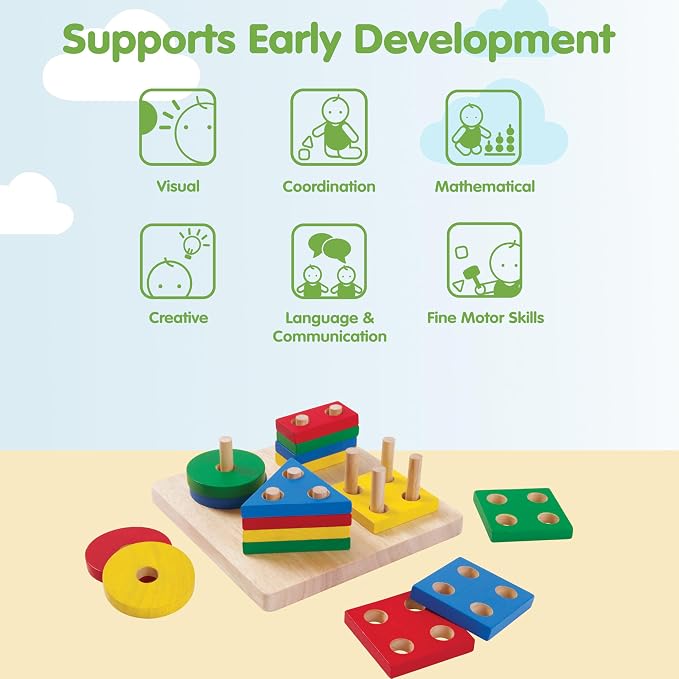 PlanToys® Wooden Shape Sorter Toy for Toddlers, Montessori Kids Learning | wooden shape sorter, montessori color shape recognition, fine motor skill preschool math, STEM development, educational, kids