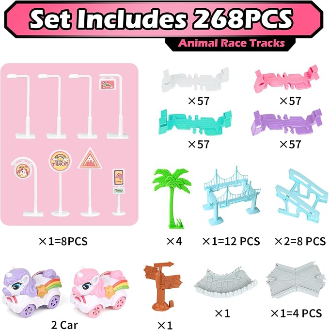 Coroiesty 268 PCS Unicorn Race Tracks for Kids Toys, Flexible DIY Track Set | Glow in The Dark Magic Toy Set, 2 Unicorn Cars Track, Birthday Gift for Age 3-9 Boys Toddler Girls