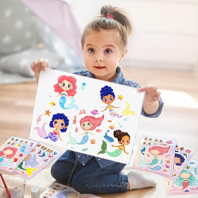 24 Sheets Make a Face Mermaid Stickers for Girls Kids Party Favors | Make Your Own Mermaid Stickers Birthday Decorations Supplies, Toddlers Crafts Activities Gifts Goodie Bags Stuffers Games