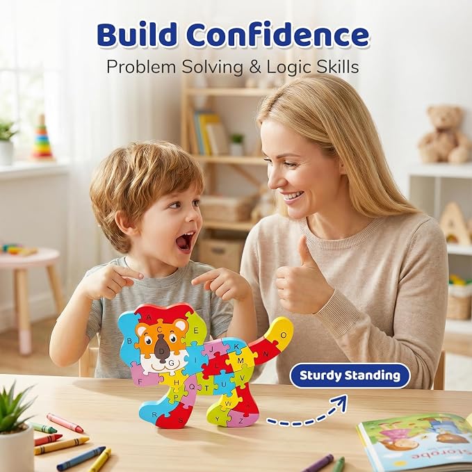 LovesTown Puzzle for Kids, Wooden, 3D Lion Shape | for Ages 3-5, Double-Sided, Alphabet Recognition, Number Counting, Fine Motor Skills, Montessori Learning Gifts