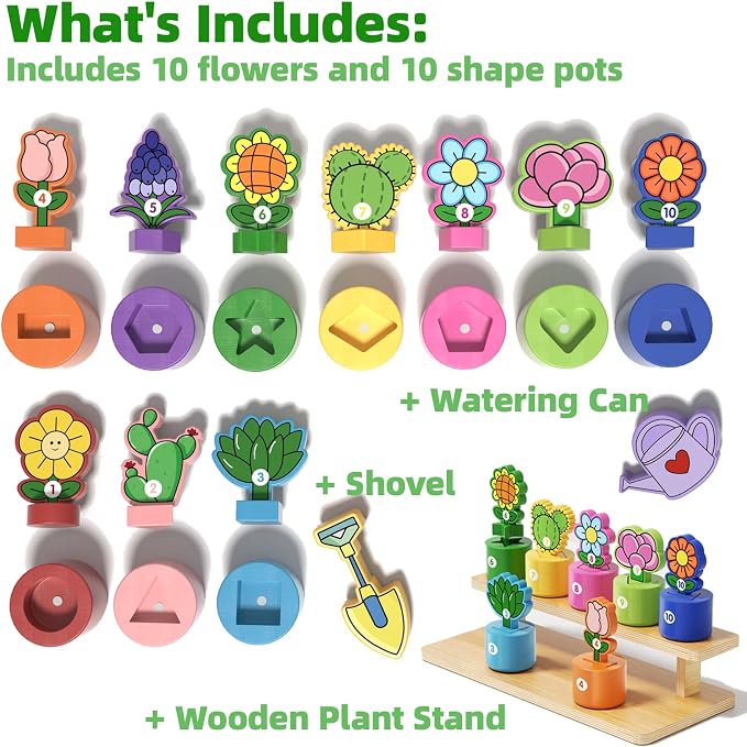 GJZZ Montessori Shape Color Sorting Toys, Flower Garden Wooden Set | Learning, Number Cognition, Fine Motor Skills, Role Play for 2 Year Old Girl