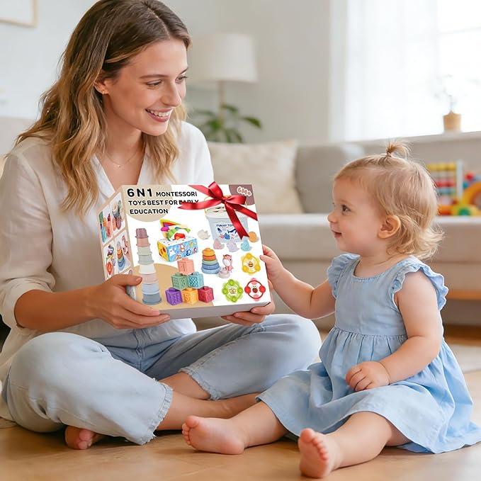 Montessori Toys for Babies 6-12-18 Months 6 in 1 Infant Sensory Baby Toy | Stacking Cups Shape Sorter Box Suction Spinner Building Blocks Stacking Ring Tissue Box Toddler 1 2 3 Year Old Birthday Gift