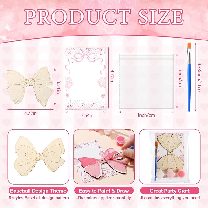 Saypacck 24 Pcs Pink Bow Party Favors Wooden Paint Craft Kits | Bow Themed Craft Activity, Girly Bow Designs for Birthday Parties, Bulk Favors for Goodie Bags,