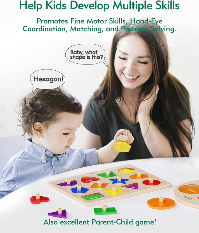 boby Wooden Shape Peg Puzzle - 12 Geometric Shapes Early Learning Toy for Toddlers, Preschool Educational Shape & Color Sorter with Knobs, Montessori Fine Motor Skill Toy for 1-3 Year Old Boys & Girls