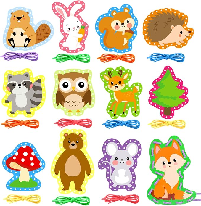 Omlisca Woodland Animals Lacing Cards for Kids 12 Pack Forest Animals Sewing Cards Owl Fox Bear Woodland Theme Party Decor Arts and Crafts Gifts for Toddler Preschool Developing Imagination Supplies