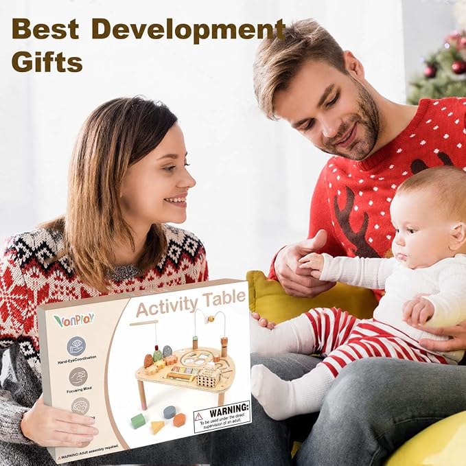 Vanplay 8 in 1 Wooden Activity Table, Montessori Toys for 2 Year Old Gift | Learning Activities with Bead Maze/Music Box/ Fishing Game, Fine Motor Skills, Christmas Birthday Gifts for Girl Boy